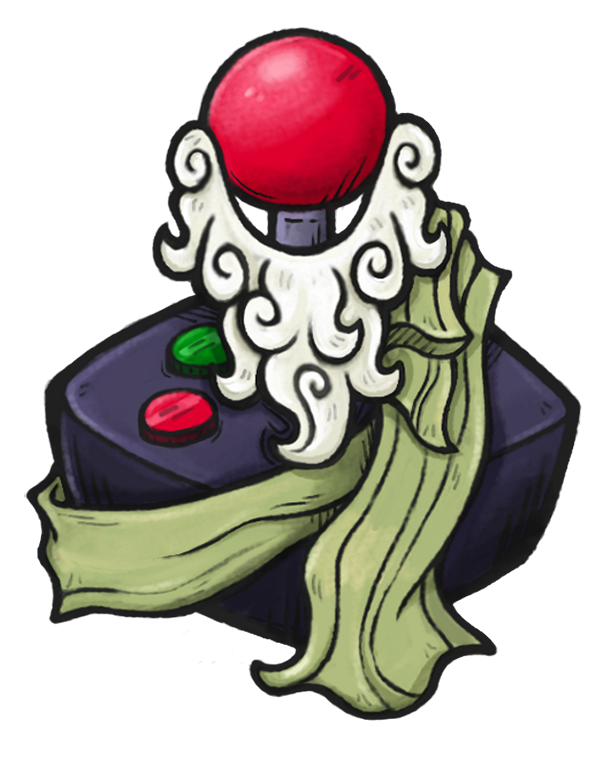 a retro joystick with a beard and a toga