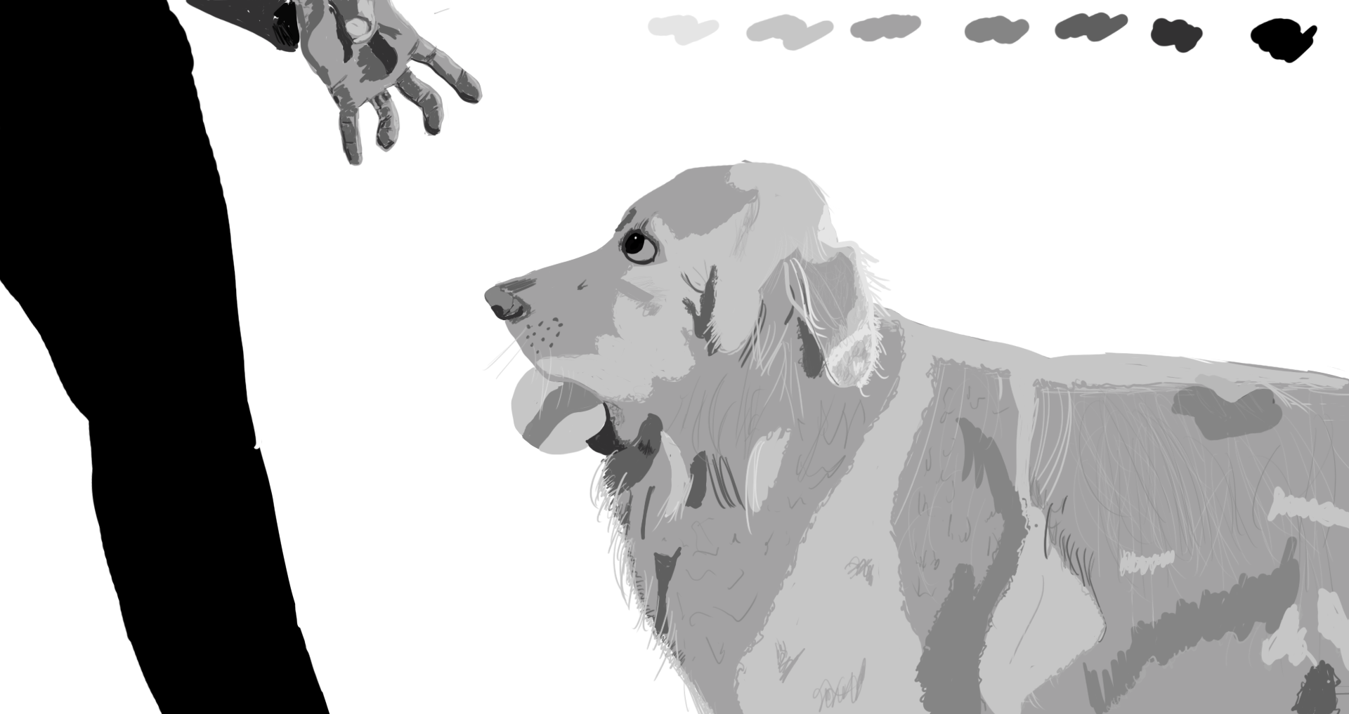 A grayscale digital painting of a golden retriever attentively looking at a human hand reaching down toward it, with various shading tones above