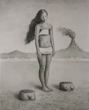 A surreal black-and-white artwork depicting a woman with a disjointed torso, standing in a barren landscape. Two separate body parts rest on the ground beside her, and a volcano erupts in the background, adding to the dreamlike, unsettling atmosphere.
