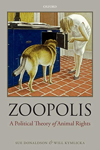 book cover "Zoopolis" it shows a dog and a woman looking into a shelf